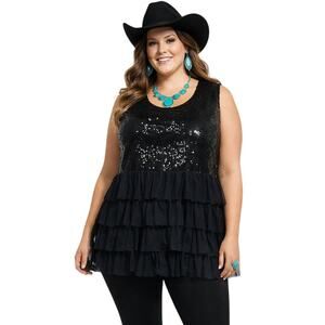 Sunshine & Rodeos Size 2XL Sleeveless Top Tunic Sequin Ruffle Going Out Party